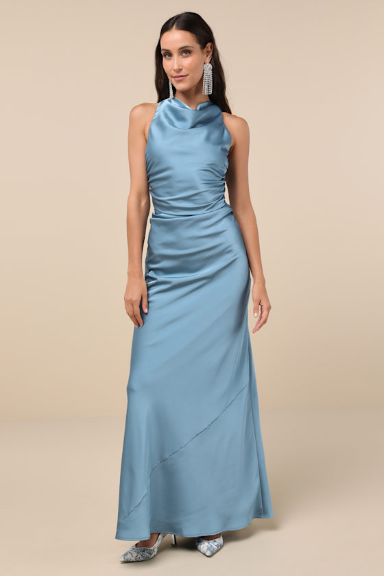 Effortlessly Sensational Slate Blue Satin Backless Maxi Dress 1