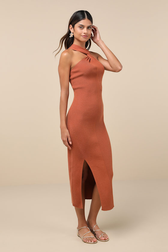 LULUS EFFORTLESS TWIST RUST BROWN RIBBED TWIST-FRONT CUTOUT MIDI DRESS