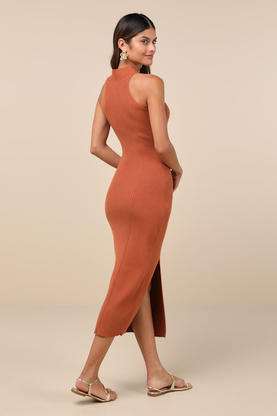 LULUS EFFORTLESS TWIST RUST BROWN RIBBED TWIST-FRONT CUTOUT MIDI DRESS