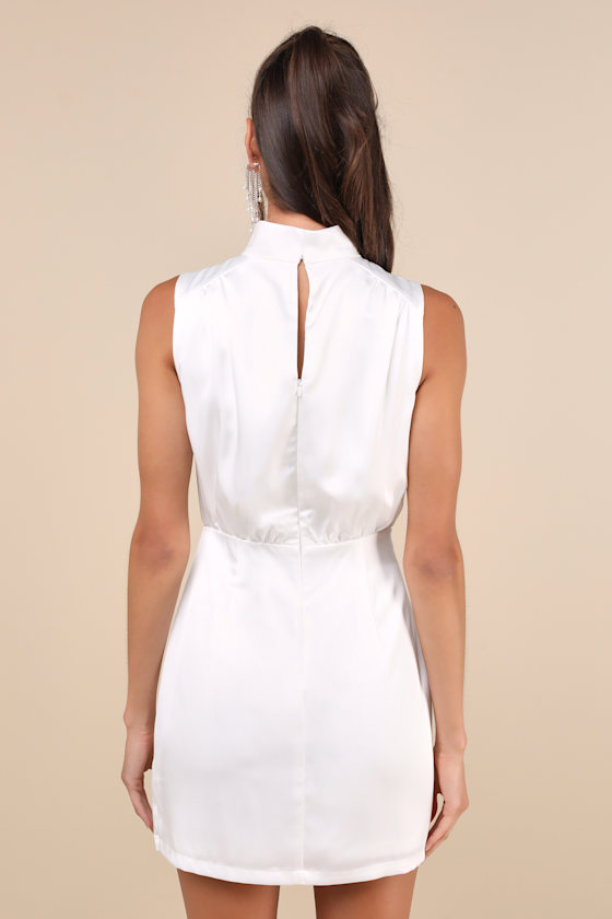 Lulus Classic Elegance White Satin Sleeveless Mock Neck Mini Dress In White