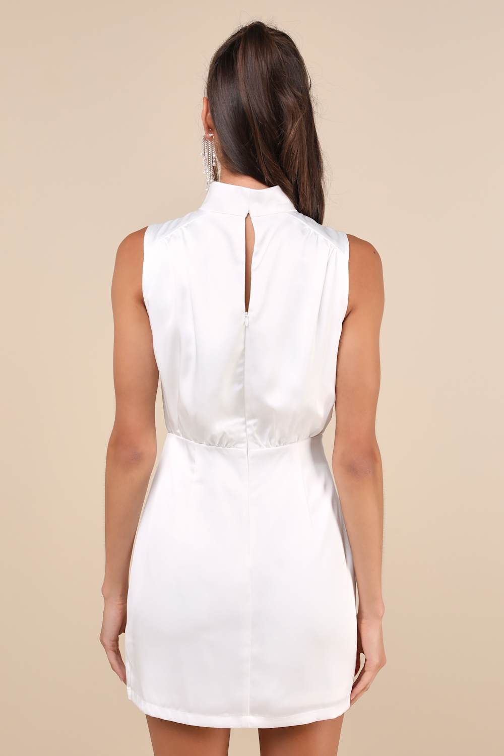 Classic Elegance White Satin Sleeveless Mock Neck Mini Dress