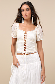 Pristine Sweetness Cream Floral Jacquard Lace-Up Crop Top 5