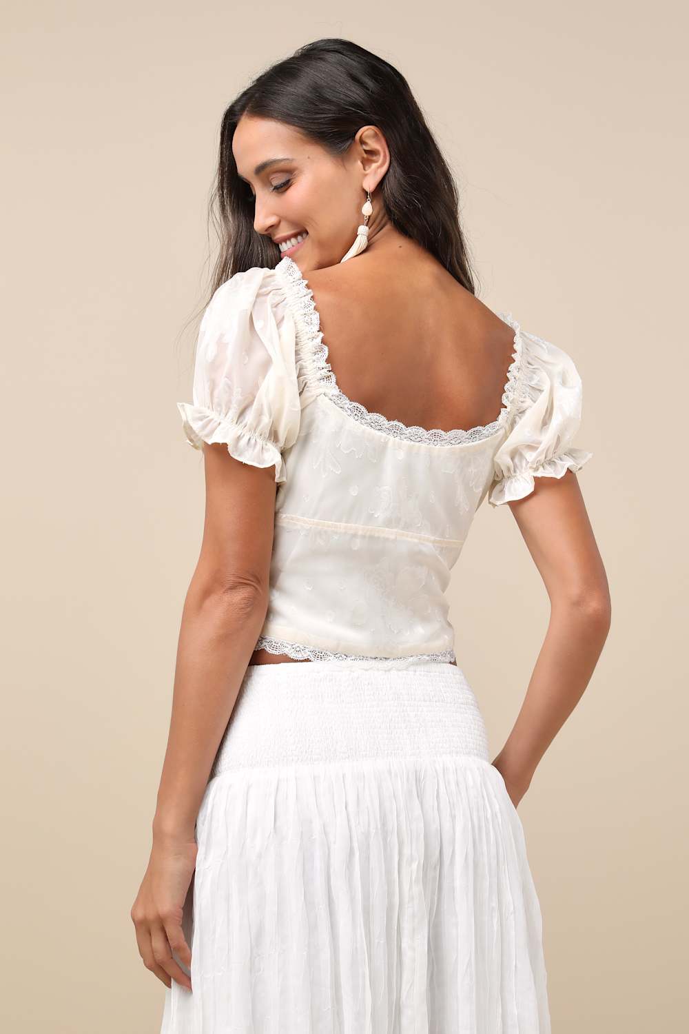 Pristine Sweetness Cream Floral Jacquard Lace-Up Crop Top