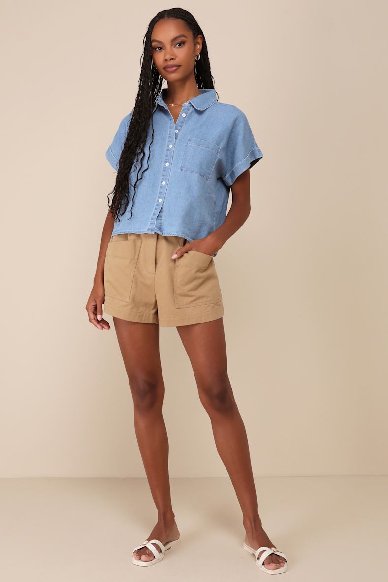 Everyday Attitude Blue Chambray Short Sleeve Button-Up Top