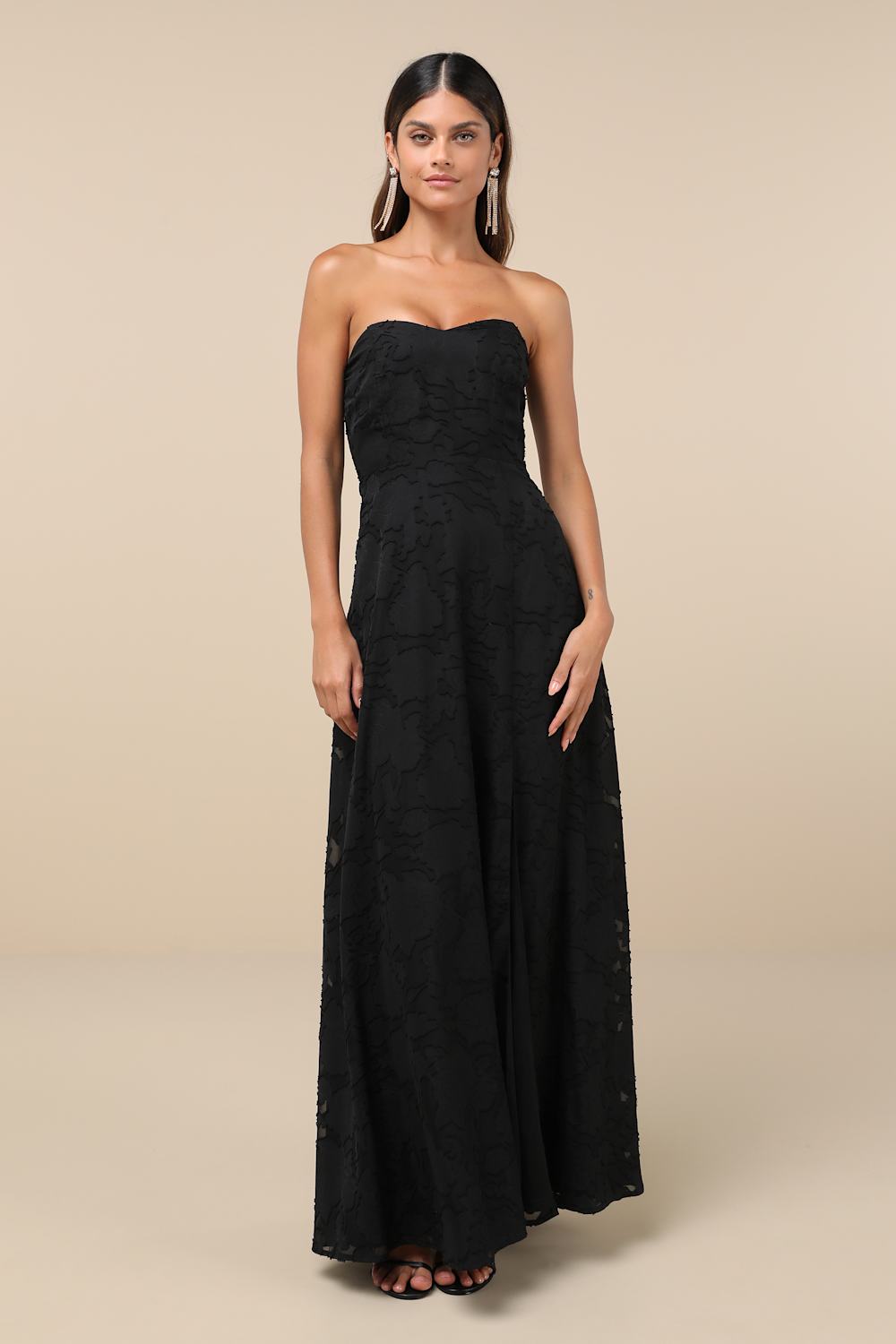 Garden of Romance Black Floral Burnout Strapless Maxi Dress