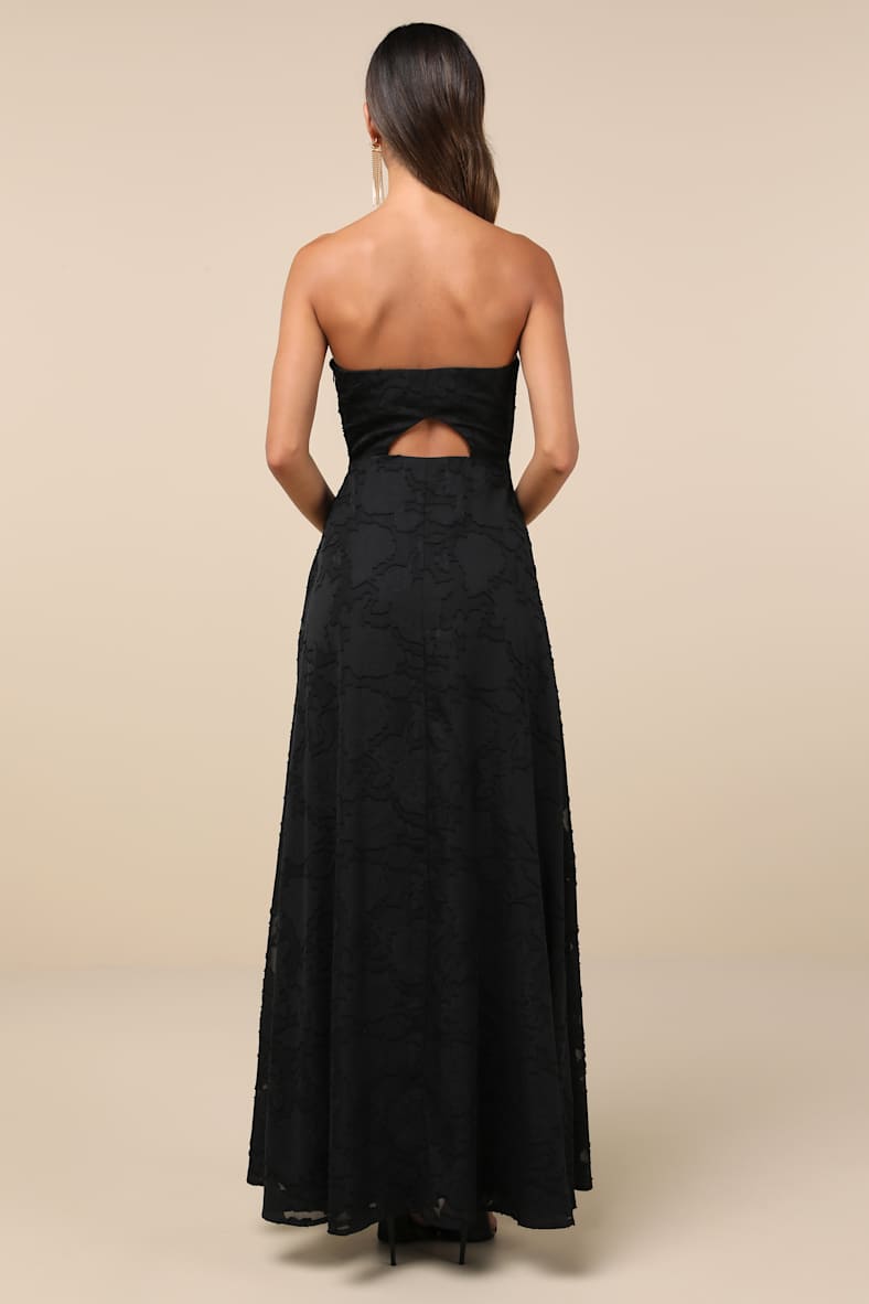 Garden of Romance Black Floral Burnout Strapless Maxi Dress