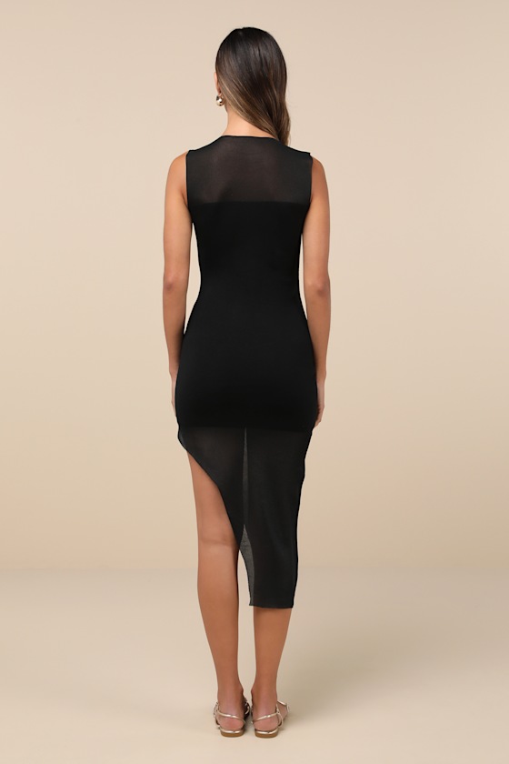 Lulus Chic Sentiments Black Sheer Mesh Sleeveless Sweater Midi Dress In Black