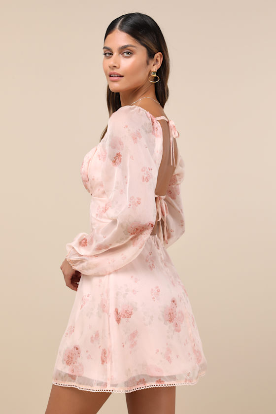 Lovely Poise Light Pink Floral Tie-Back Long Sleeve Mini Dress 4