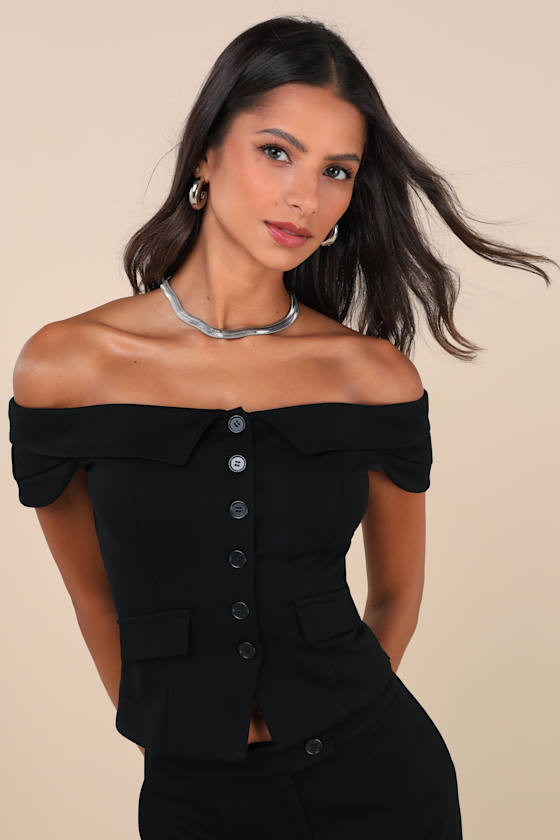 Lulus Enticingly Chic Black Off-the-shoulder Two-piece Midi Dress In Black