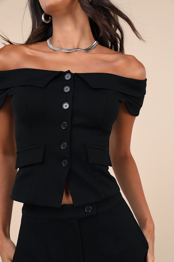 Lulus Enticingly Chic Black Off-the-shoulder Two-piece Midi Dress In Black