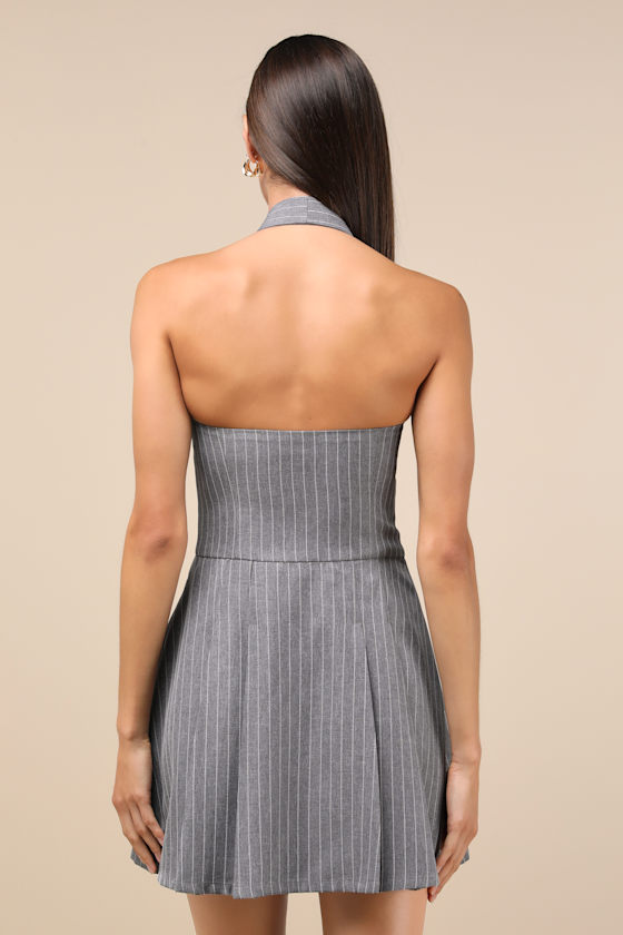 Lulus Posh Attraction Grey Pinstriped Button-front Halter Mini Dress In Grey