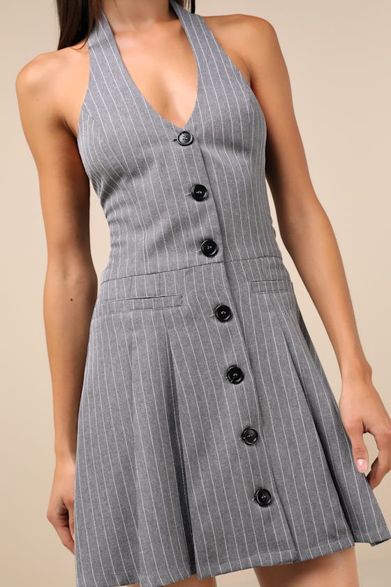 Lulus Posh Attraction Grey Pinstriped Button-front Halter Mini Dress In Grey