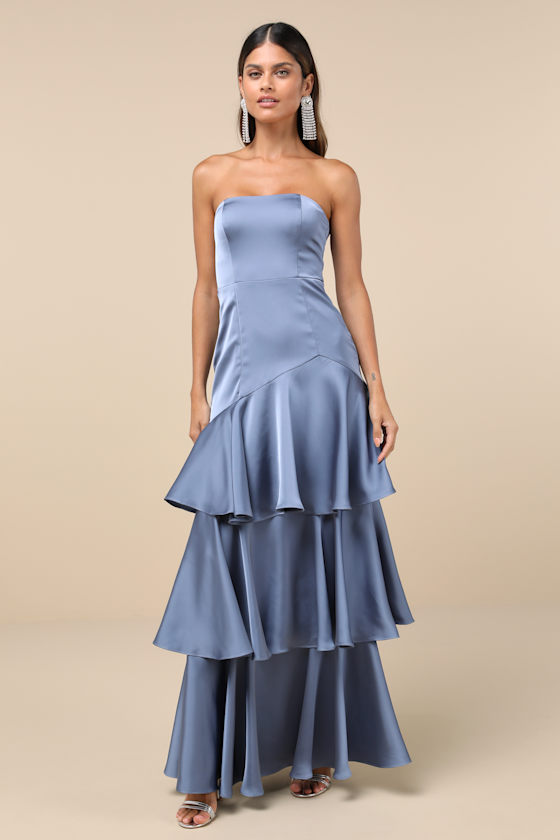 blue dress for baby girl Slate Blue Chiffon Ruffled Slit Strappy Back Long Bridesmaid Prom Dress main image 1
