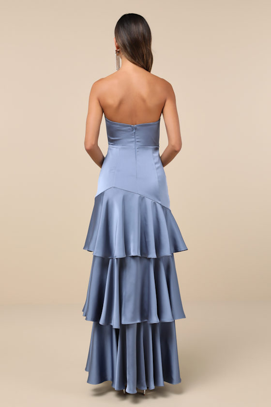 Blissfully Beautiful Slate Satin Strapless Tiered Maxi Dress 2