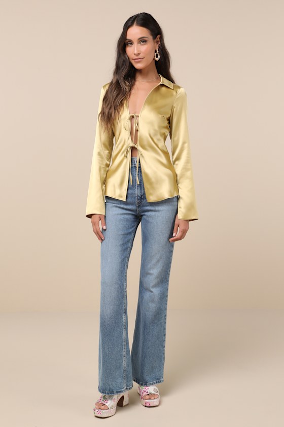 Coveted Aesthetic Gold Tie-Front Long Sleeve Collared Top 3