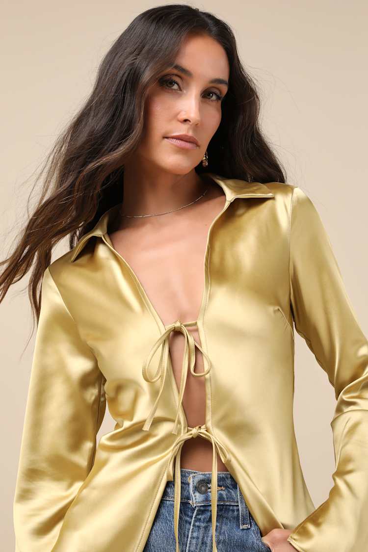 gold dress shirt for women Tie-Front Top - Long Sleeve Satin Top - Collared Bow Top elegant wedding guest gown