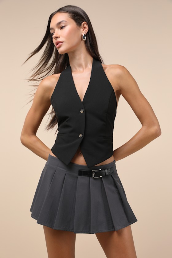 Charcoal Pleated Skort - Low Rise Skort - Micro Mini Skort - Lulus