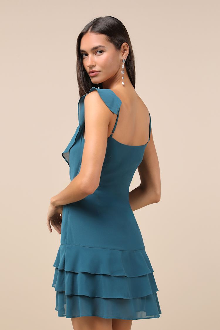 Alluring Presence Teal Blue Ruffled Tiered Mini Dress