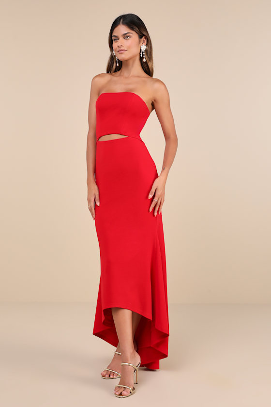 Lulus Gorgeous Existence Red Strapless Cutout High-low Maxi Dress In Red