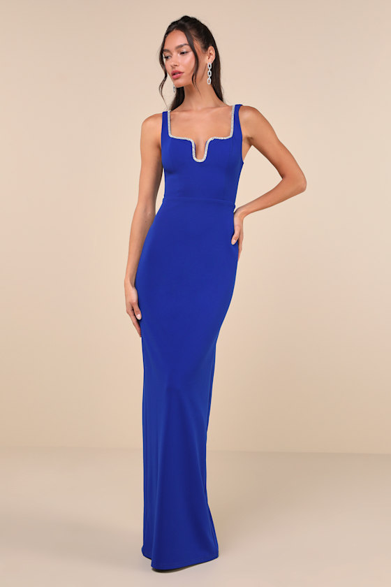 Cobalt Blue & Red Printed Floral Maxi Dress Round Neck & Half Sleeves