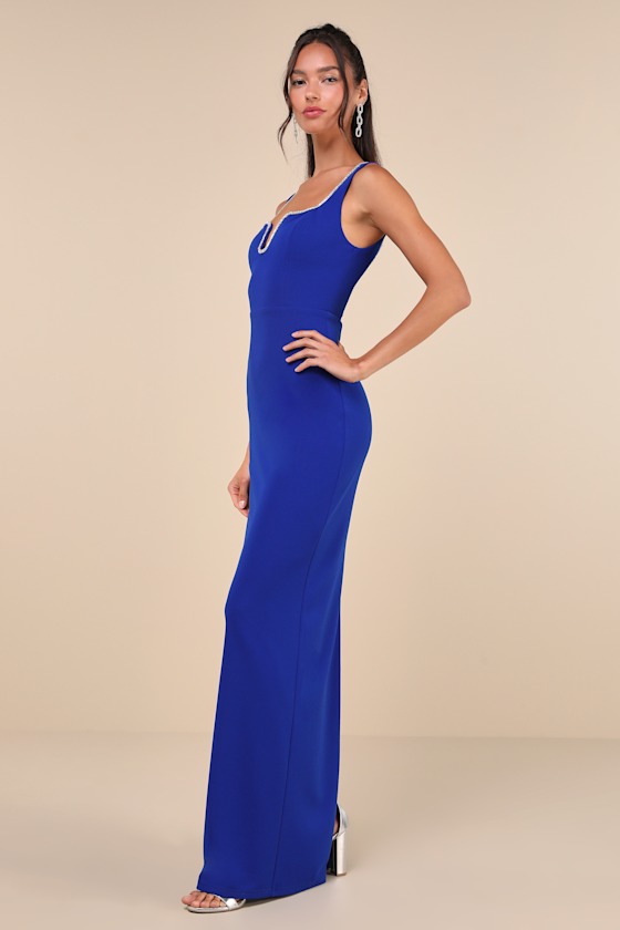 Lulus Sparkling Serenity Cobalt Blue Rhinestone Notched Maxi Dress In Cobalt Blue