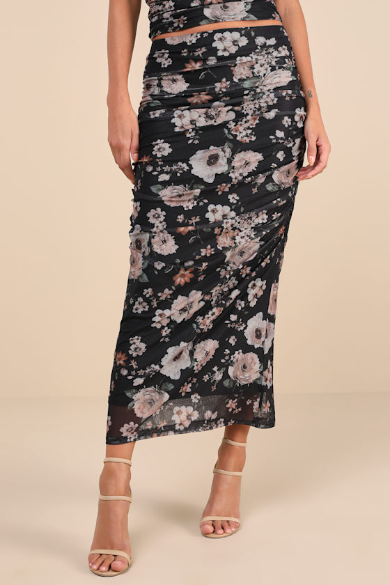 Gorgeous Admiration Black Floral Mesh Ruched Midi Skirt 1
