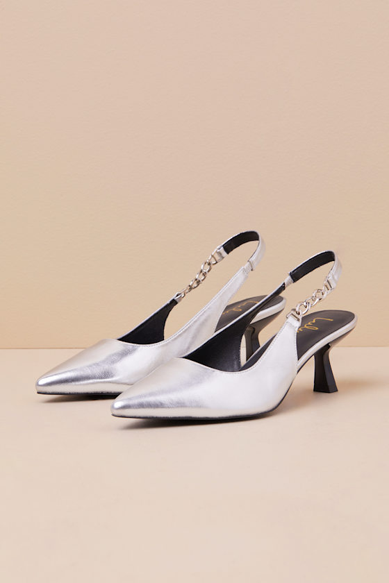 Lulus Jonnah Silver Chain Slingback Strap Pointed-toe Pumps In Silver