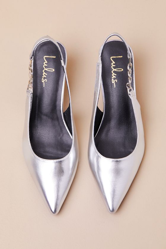 Lulus Jonnah Silver Chain Slingback Strap Pointed-toe Pumps In Silver