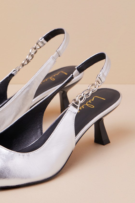 Lulus Jonnah Silver Chain Slingback Strap Pointed-toe Pumps In Silver
