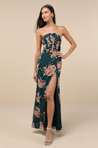 Enchanting Garden Emerald Floral Cutout Bow Strapless Maxi Dress