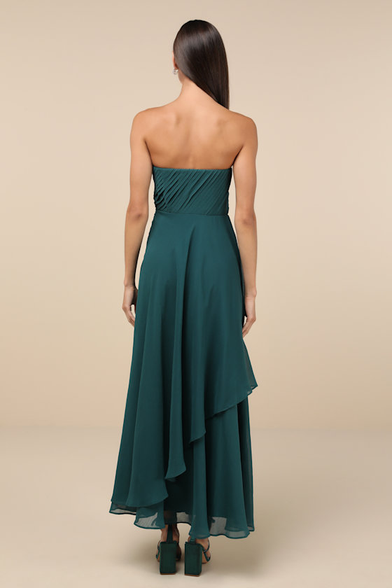 Revered Elegance Emerald Green Pleated Strapless Maxi Dress 3