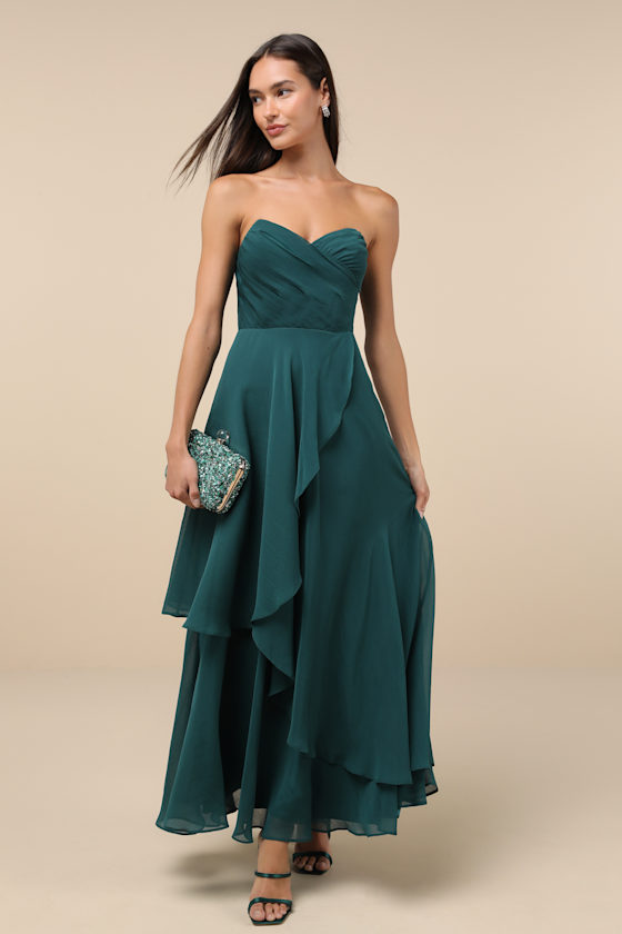 Lulus Revered Elegance Emerald Green Pleated Strapless Maxi Dress In Emerald Green