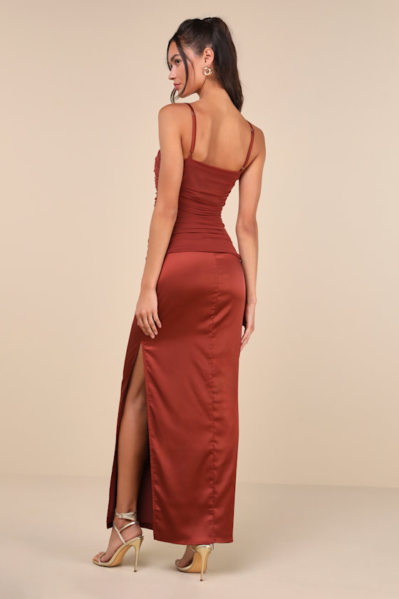 Lulus Perfected Essence Rust Brown Satin Mesh Ruched Maxi Dress In Rust Brown
