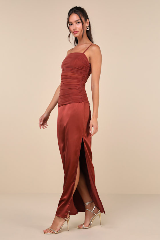 Lulus Perfected Essence Rust Brown Satin Mesh Ruched Maxi Dress In Rust Brown