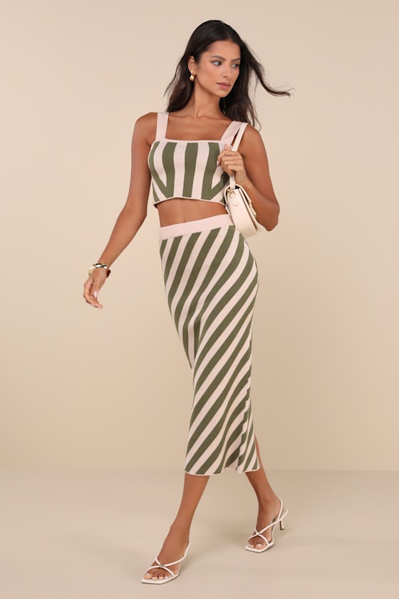 Trending Muse Beige and Green Striped Knit Two-Piece Midi Dress 1