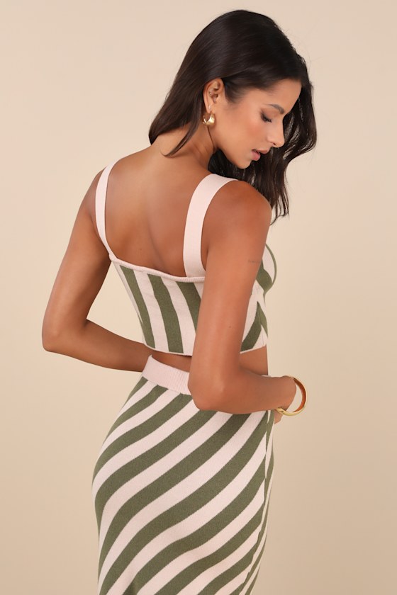 Trending Muse Beige and Green Striped Knit Two-Piece Midi Dress 5