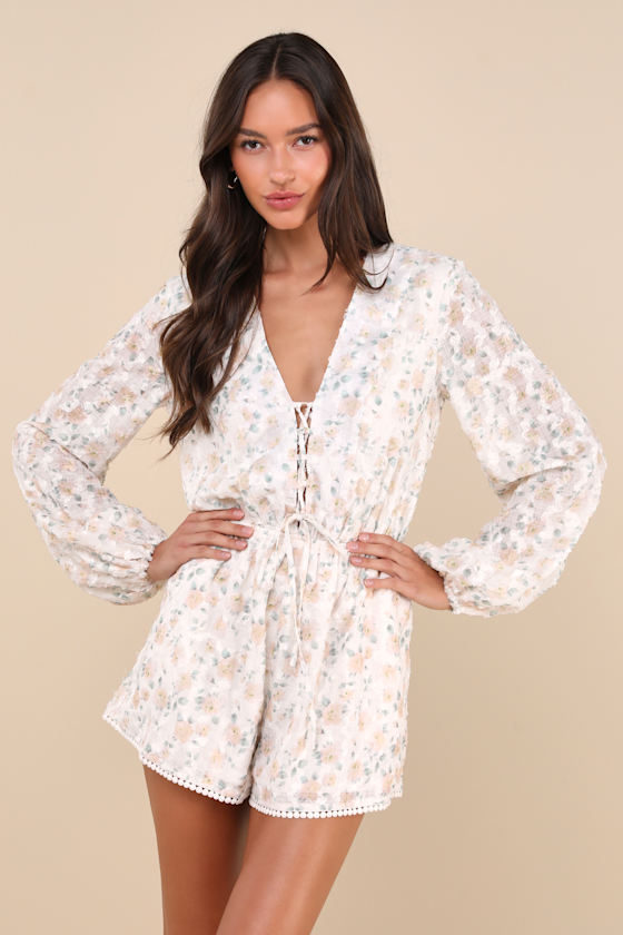 Ivory Floral Romper - Balloon Sleeve Romper - Lace-Up Romper - Lulus Ivory Floral Romper - Balloon Sleeve Romper - Lace-Up Romper - Lulus