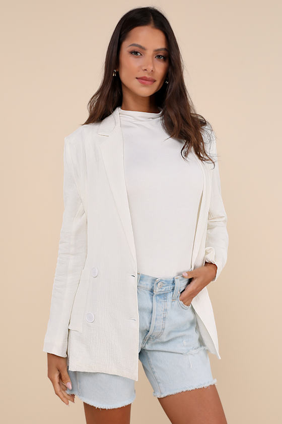 Lulus Poised Design White Linen Textured Double-breasted Blazer In White