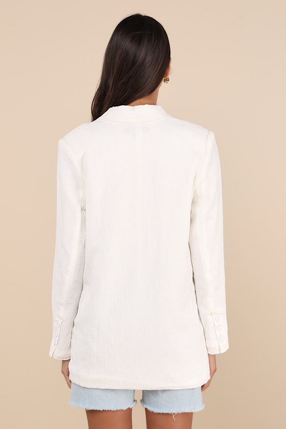 Lulus Poised Design White Linen Textured Double-breasted Blazer In White