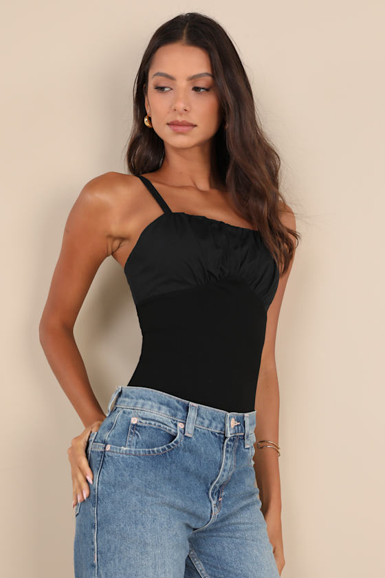 LULUS BREEZY SMILES BLACK POPLIN RIBBED KNIT CAMI TOP
