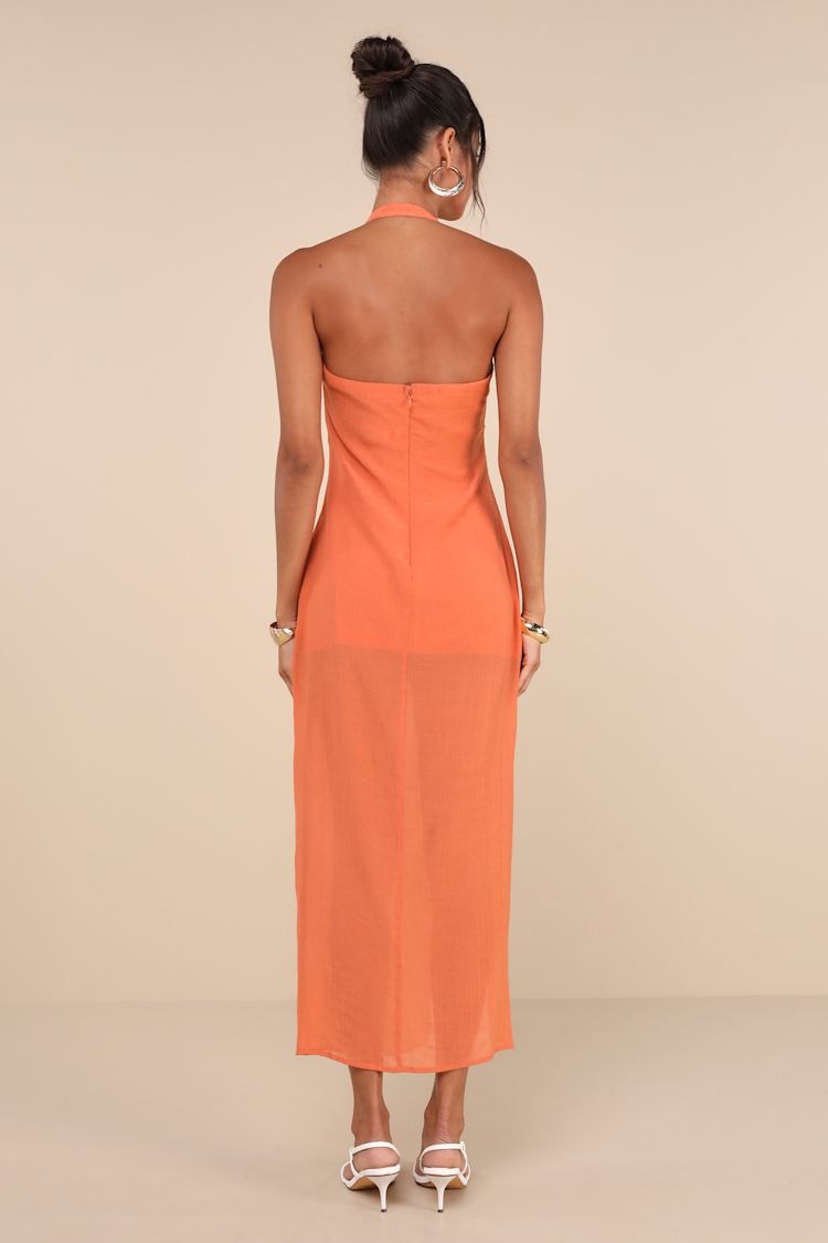 orange buckle dress Orange Ruched Dress - Halter Buckle Dress - Backless Midi Dress