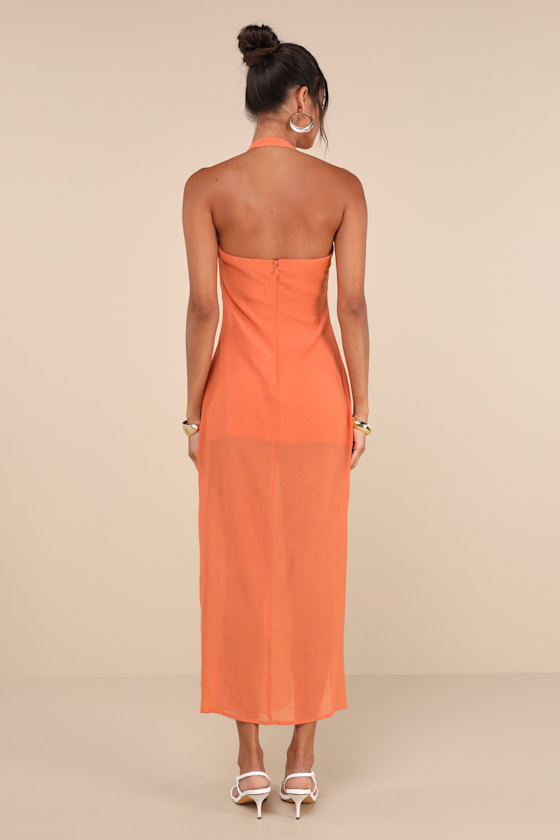 Trending Sunny Orange Ruched Halter Buckle Strap Midi Dress 2