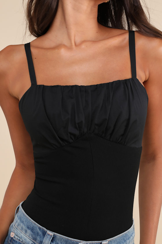 LULUS BREEZY SMILES BLACK POPLIN RIBBED KNIT CAMI TOP