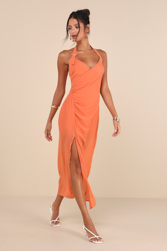 Lulus Trending Sunny Orange Ruched Halter Buckle Strap Midi Dress In Orange