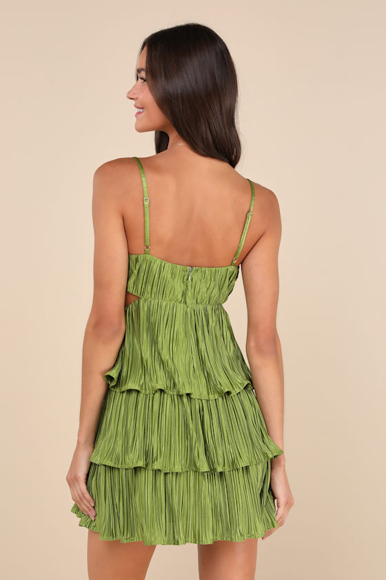 Lulus Sleek Dedication Green Satin Plisse Cutout Tiered Mini Dress In Green