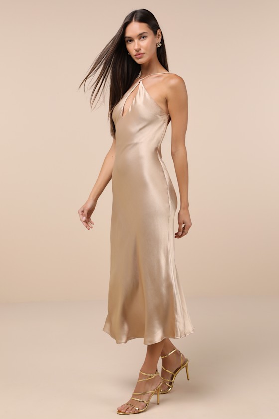 Shop Lulus Sleek And Sweet Champagne Satin Cutout Backless Slip Midi Dress