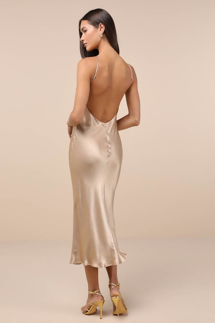 Sleek and Sweet Champagne Satin Cutout Backless Slip Midi Dress