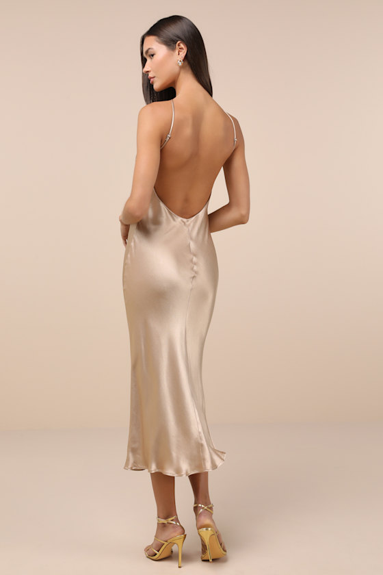 Sleek and Sweet Champagne Satin Cutout Backless Slip Midi Dress 2