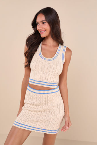 Upscale Crush Beige and Blue Cable Knit Two-Piece Mini Dress 1