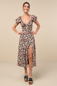 Meadow Muse Black Floral Tie-Back Puff Sleeve Midi Dress 9